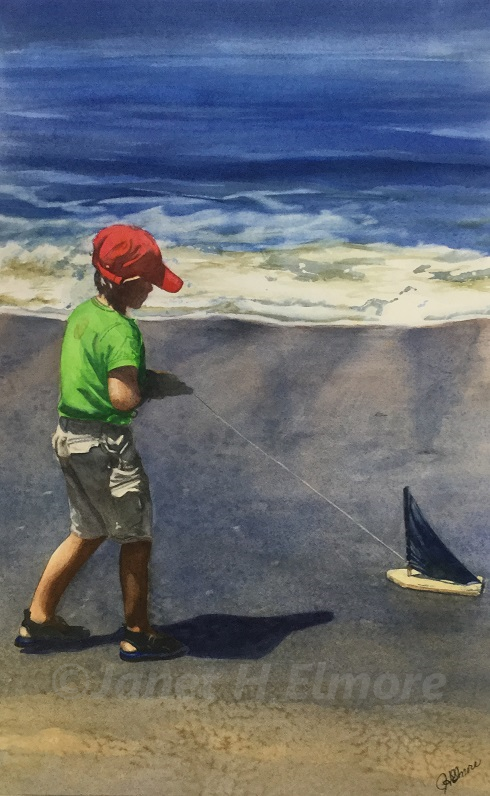 Janet H Elmore Watercolor Painting "Boy at the Beach"